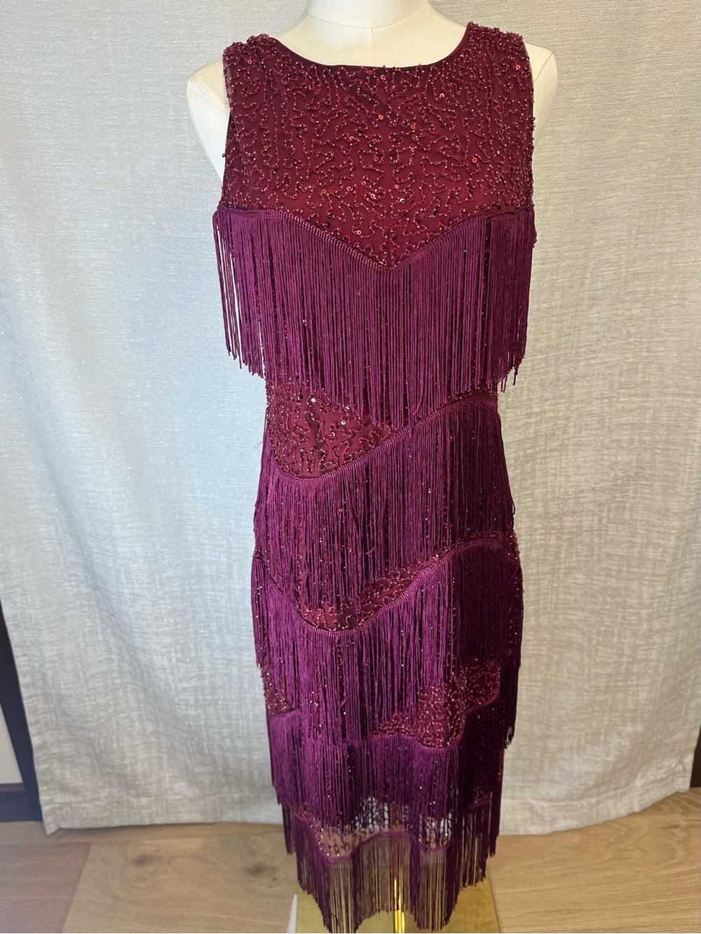 Babeyond, Formal, Party, Beaded Fringe Midi Dress in Burgundy